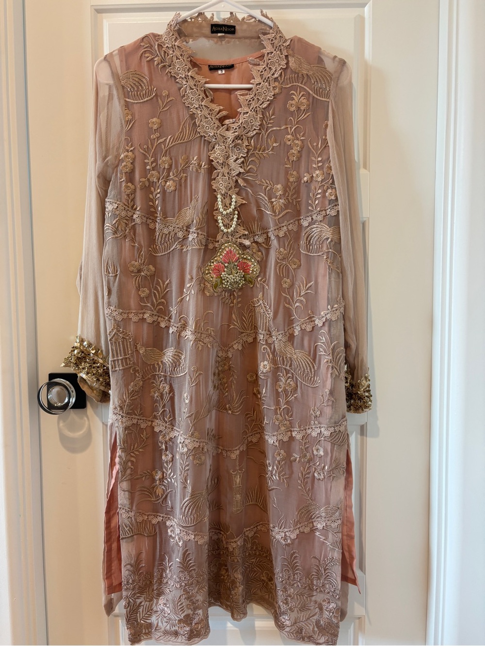 Embroidered Pink Beige Women's Kurti with Beaded Detail